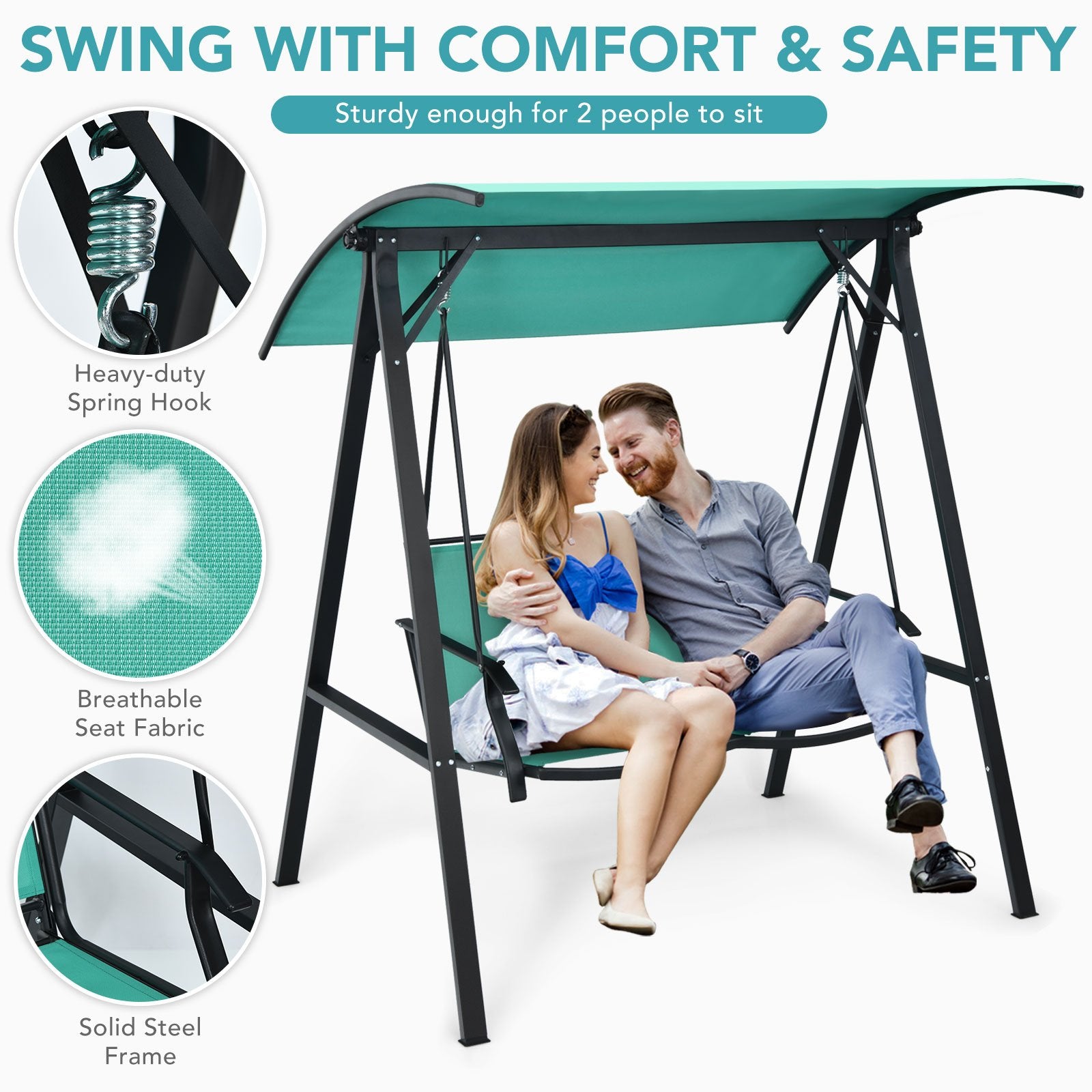 Outdoor Porch Steel Hanging 2-Seat Swing Loveseat with Canopy, Turquoise Porch Swings   at Gallery Canada