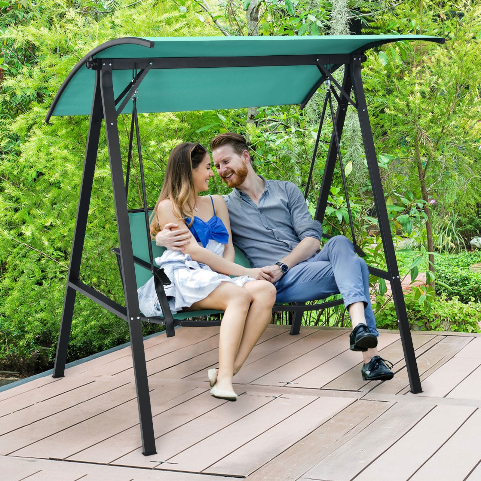 Outdoor Porch Steel Hanging 2-Seat Swing Loveseat with Canopy, Turquoise Porch Swings   at Gallery Canada