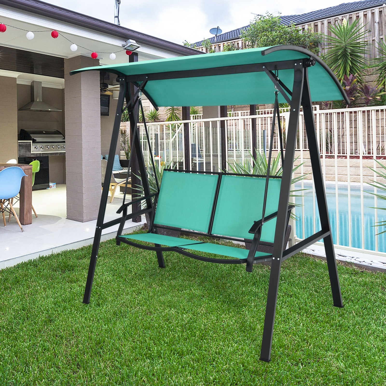 Outdoor Porch Steel Hanging 2-Seat Swing Loveseat with Canopy, Turquoise Porch Swings   at Gallery Canada