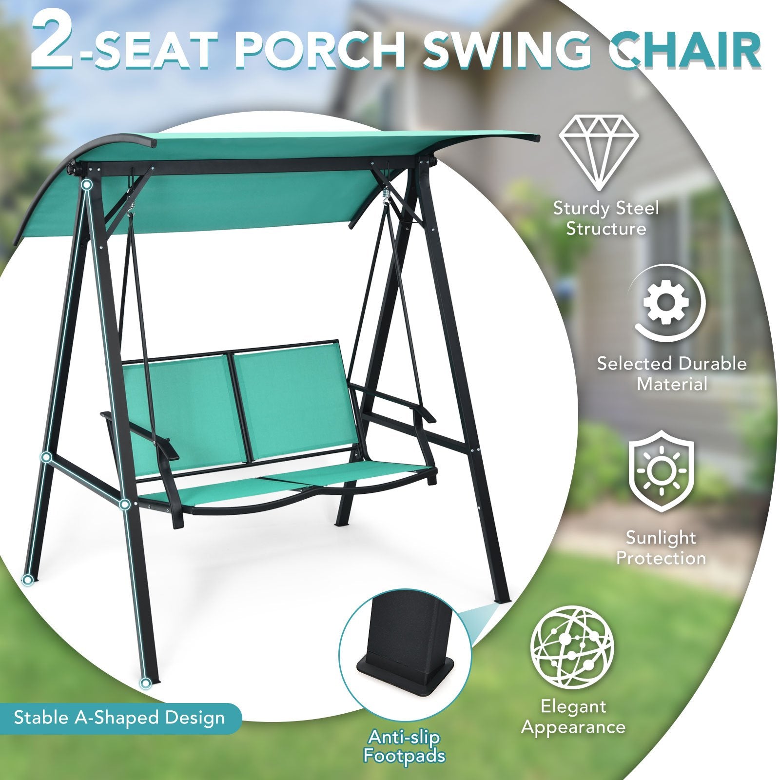 Outdoor Porch Steel Hanging 2-Seat Swing Loveseat with Canopy, Turquoise Porch Swings   at Gallery Canada