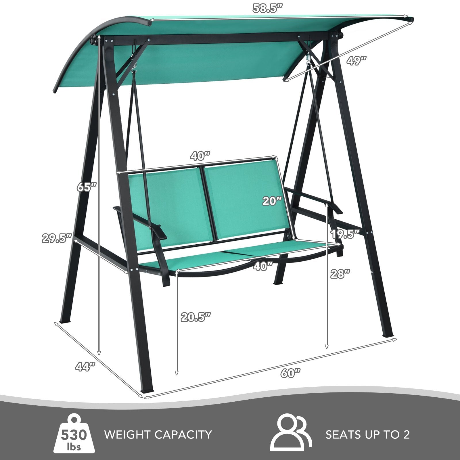 Outdoor Porch Steel Hanging 2-Seat Swing Loveseat with Canopy, Turquoise Porch Swings   at Gallery Canada