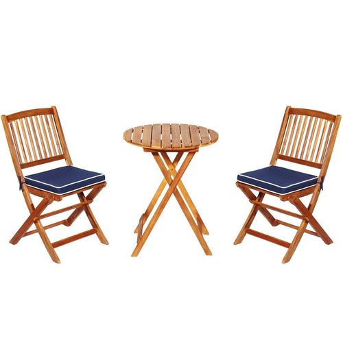 3 Pieces Patio Folding Wooden Bistro Set Cushioned Chair, Navy