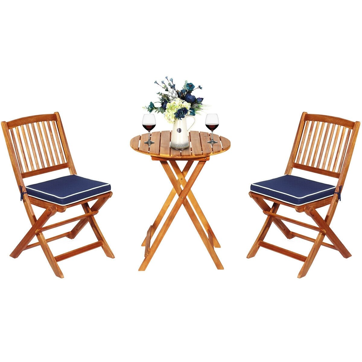 3 Pieces Patio Folding Wooden Bistro Set Cushioned Chair, Navy Patio Conversation Sets   at Gallery Canada