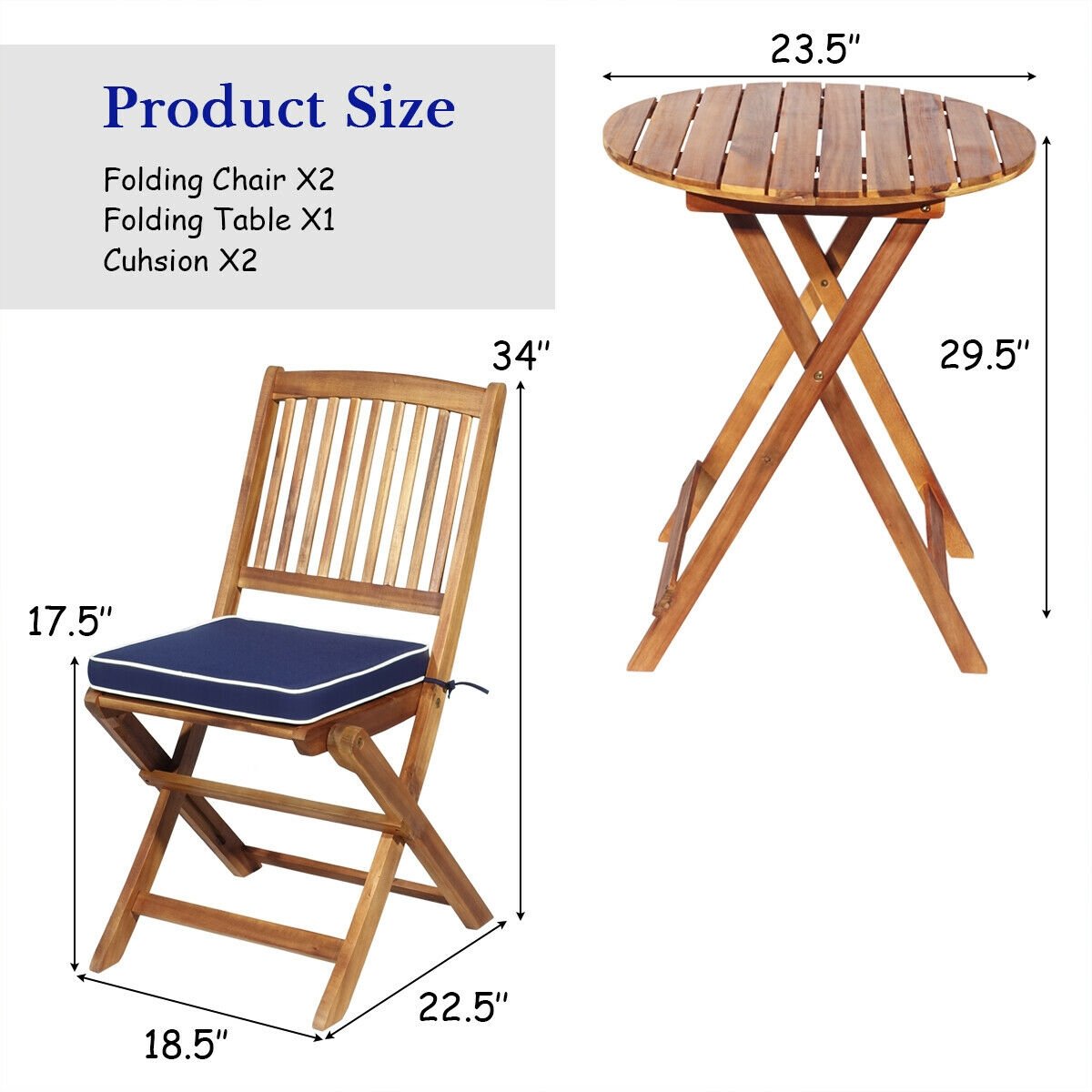 3 Pieces Patio Folding Wooden Bistro Set Cushioned Chair, Navy Patio Conversation Sets   at Gallery Canada