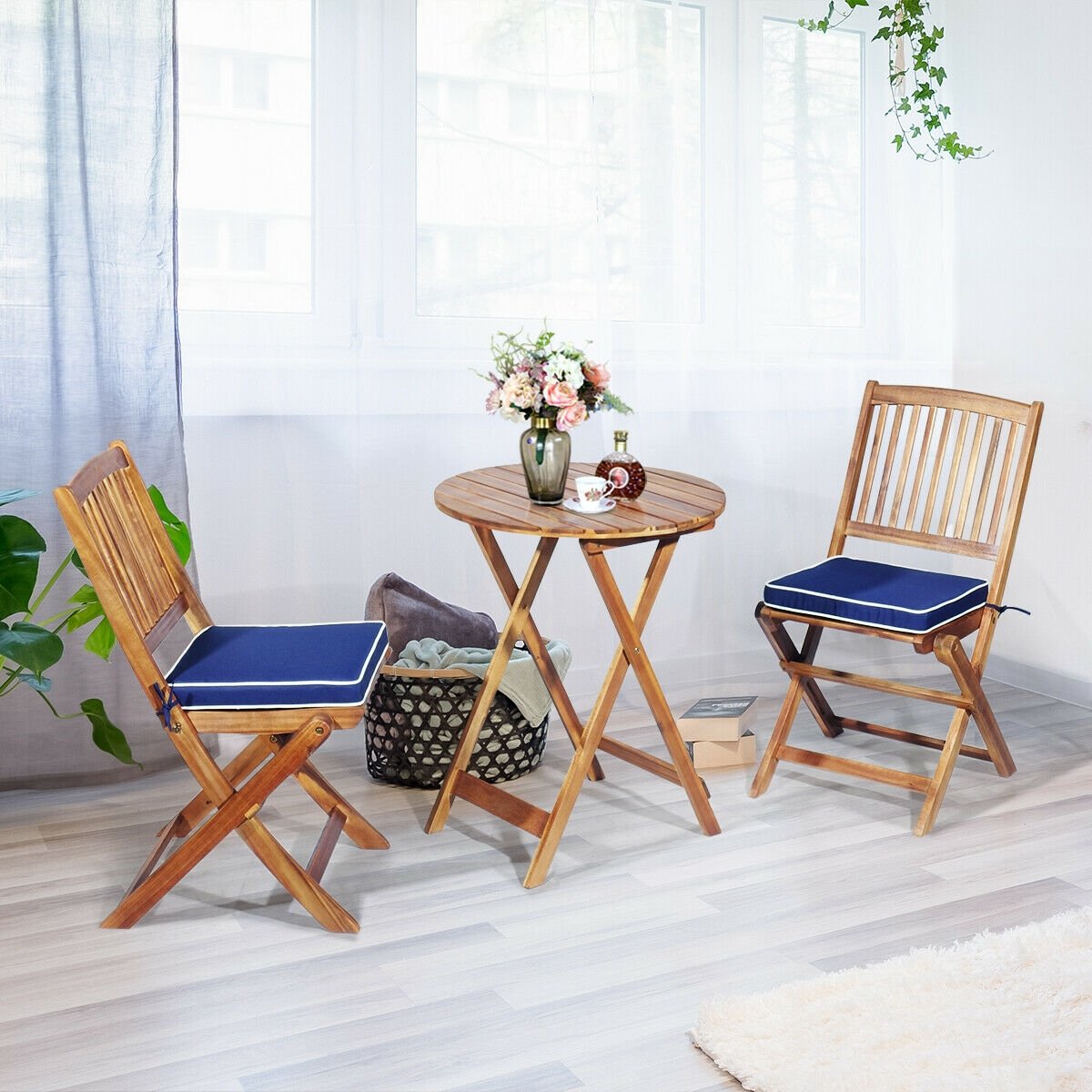 3 Pieces Patio Folding Wooden Bistro Set Cushioned Chair, Navy Patio Conversation Sets   at Gallery Canada