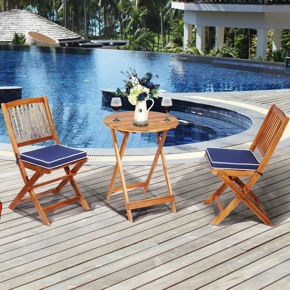 3 Pieces Patio Folding Wooden Bistro Set Cushioned Chair, Navy Patio Conversation Sets   at Gallery Canada