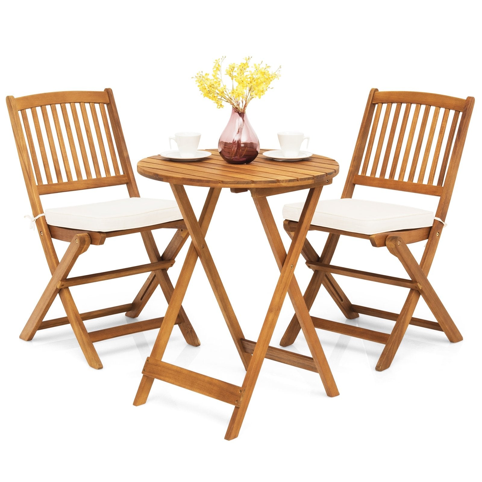 3 Pieces Patio Folding Wooden Bistro Set Cushioned Chair, White Patio Conversation Sets   at Gallery Canada