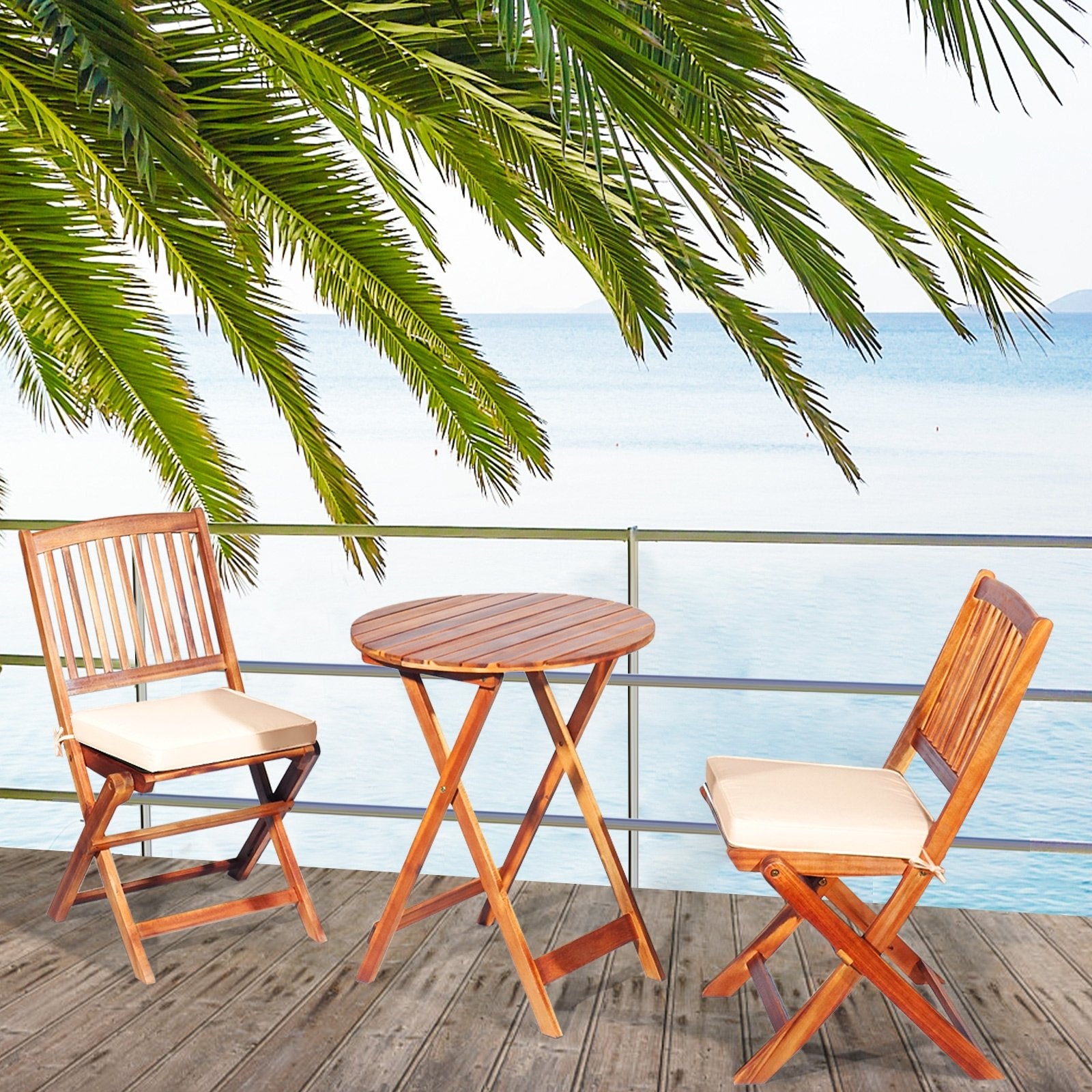 3 Pieces Patio Folding Wooden Bistro Set Cushioned Chair, White Patio Conversation Sets   at Gallery Canada