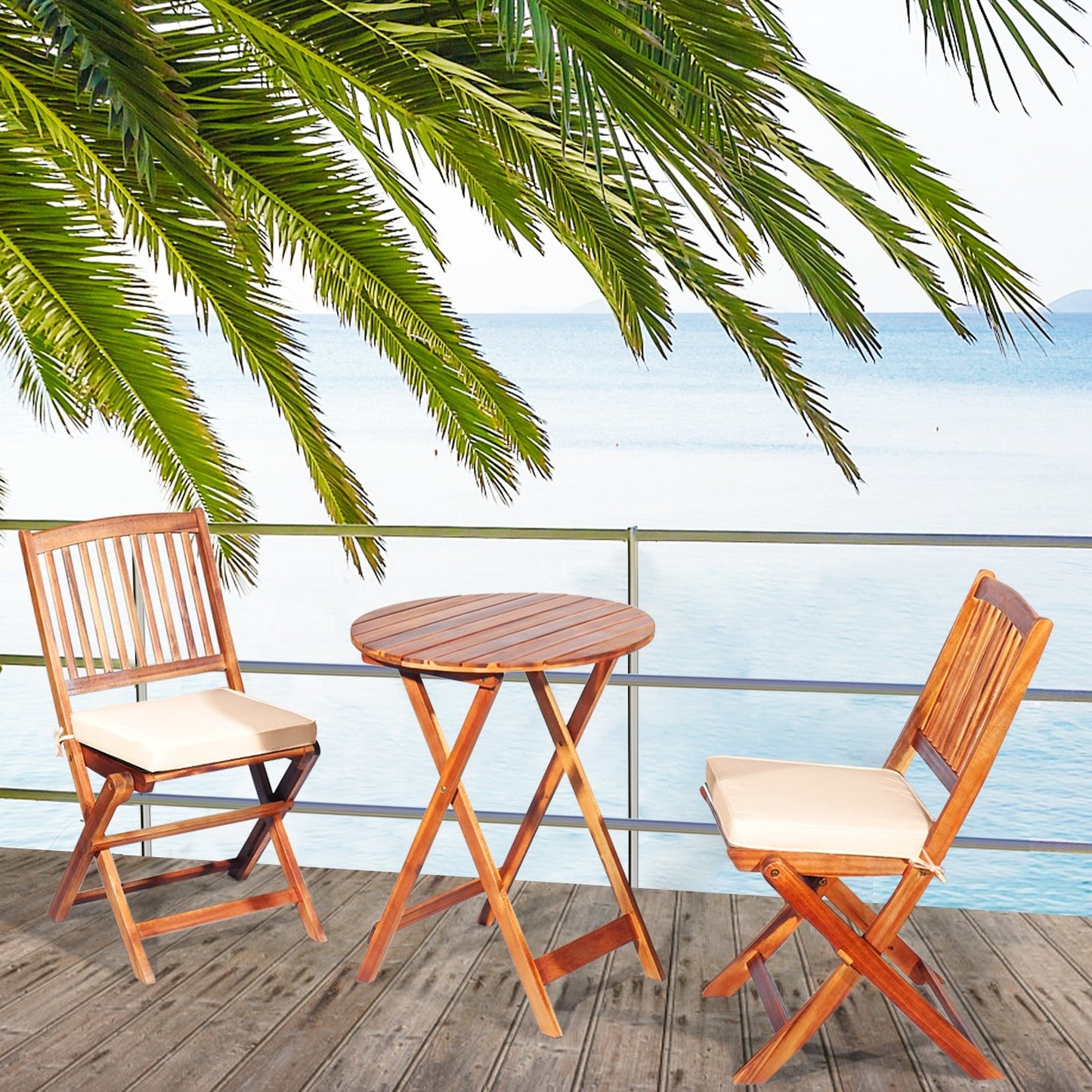 3 Pieces Patio Folding Wooden Bistro Set Cushioned Chair, White - Gallery Canada