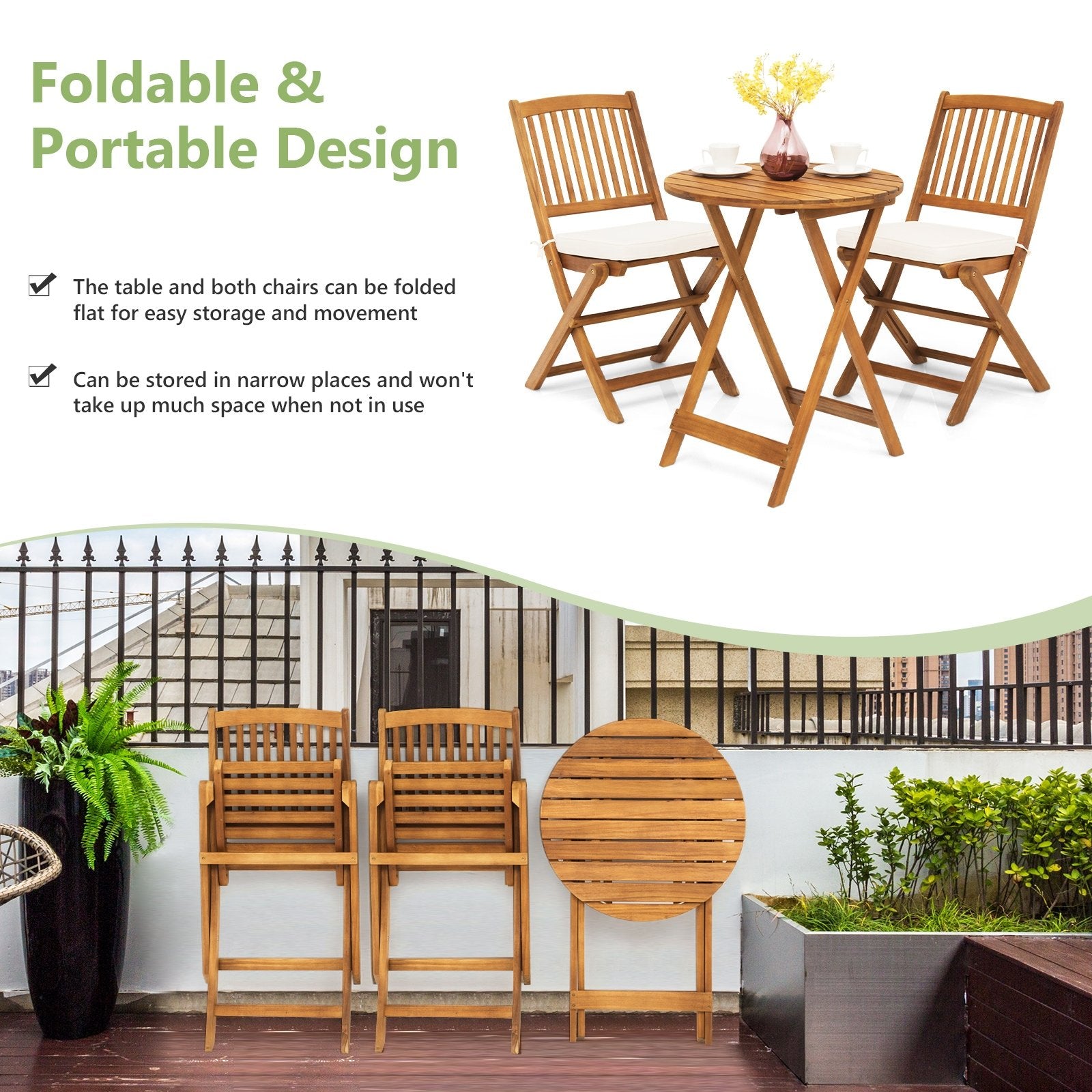 3 Pieces Patio Folding Wooden Bistro Set Cushioned Chair, White Patio Conversation Sets   at Gallery Canada