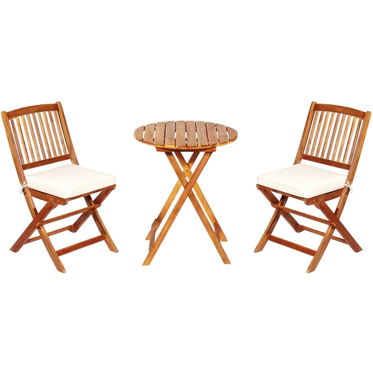 3 Pieces Patio Folding Wooden Bistro Set Cushioned Chair, White - Gallery Canada