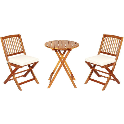 3 Pieces Patio Folding Wooden Bistro Set Cushioned Chair, White