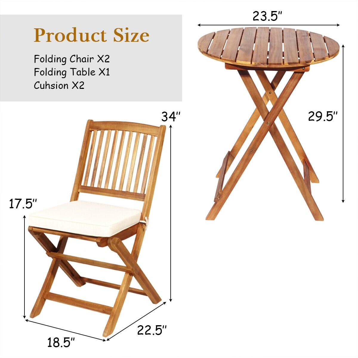 3 Pieces Patio Folding Wooden Bistro Set Cushioned Chair, White - Gallery Canada