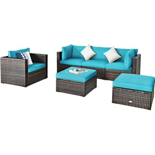 6 Pieces Patio Rattan Furniture Set with Sectional Cushion, Turquoise