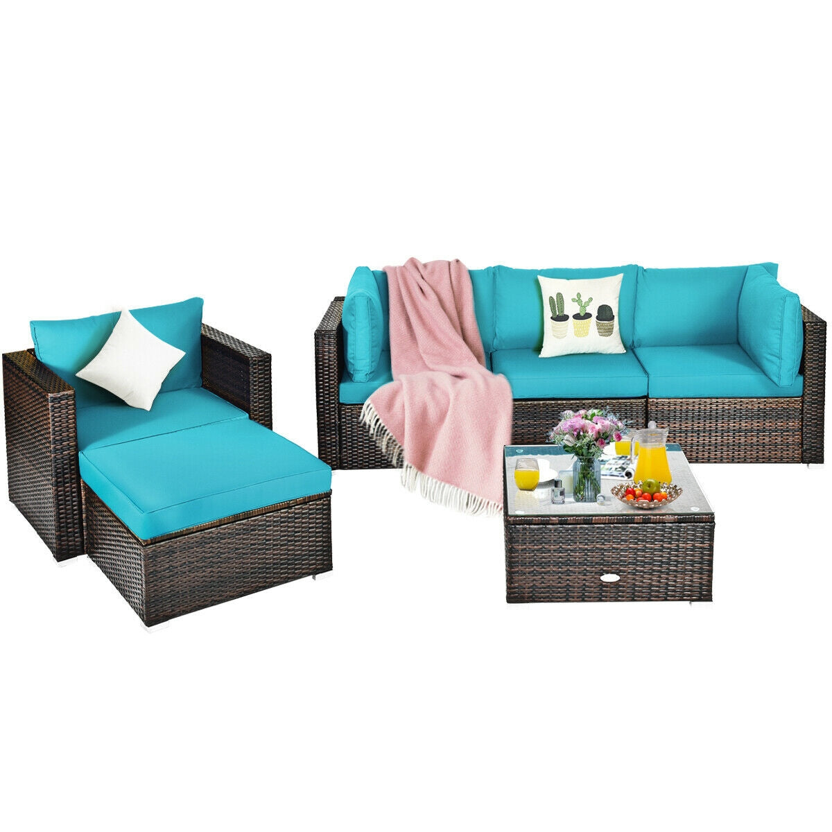 6 Pieces Patio Rattan Furniture Set with Sectional Cushion, Turquoise Outdoor Sectionals   at Gallery Canada