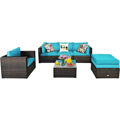 6 Pieces Patio Rattan Furniture Set with Sectional Cushion, Turquoise Outdoor Sectionals   at Gallery Canada