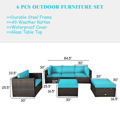 6 Pieces Patio Rattan Furniture Set with Sectional Cushion, Turquoise Outdoor Sectionals   at Gallery Canada