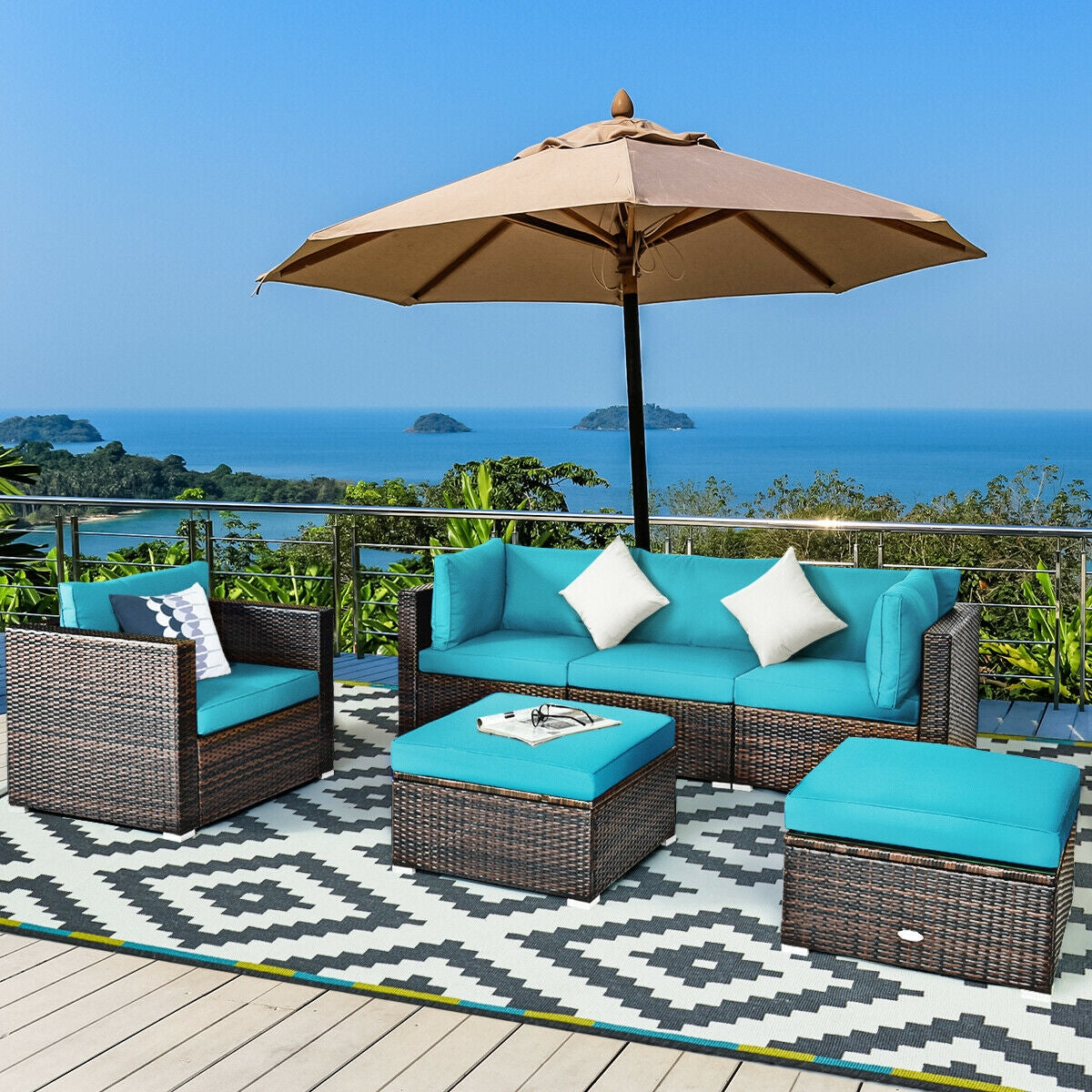 6 Pieces Patio Rattan Furniture Set with Sectional Cushion, Turquoise Outdoor Sectionals   at Gallery Canada