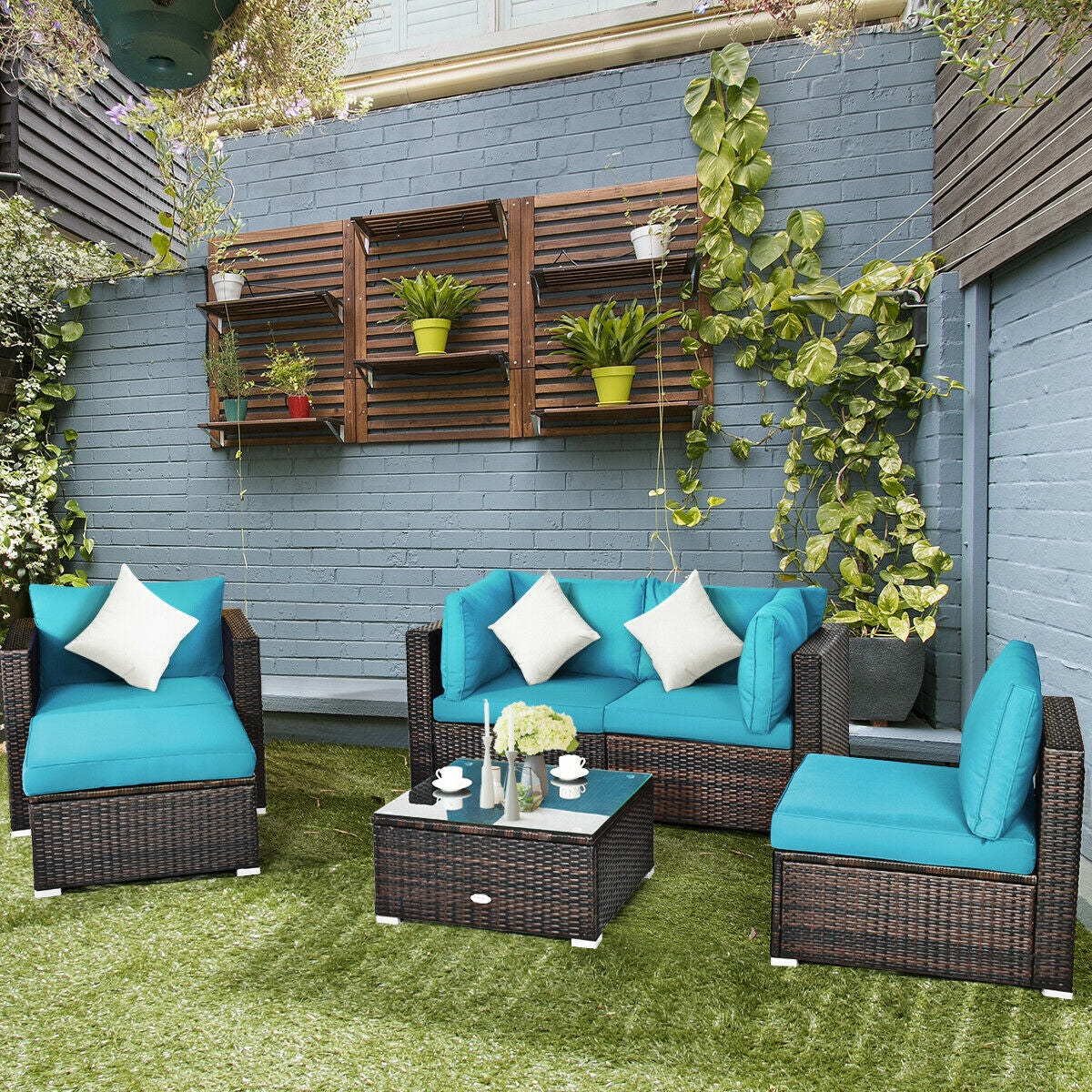 6 Pieces Patio Rattan Furniture Set with Sectional Cushion, Turquoise Outdoor Sectionals   at Gallery Canada