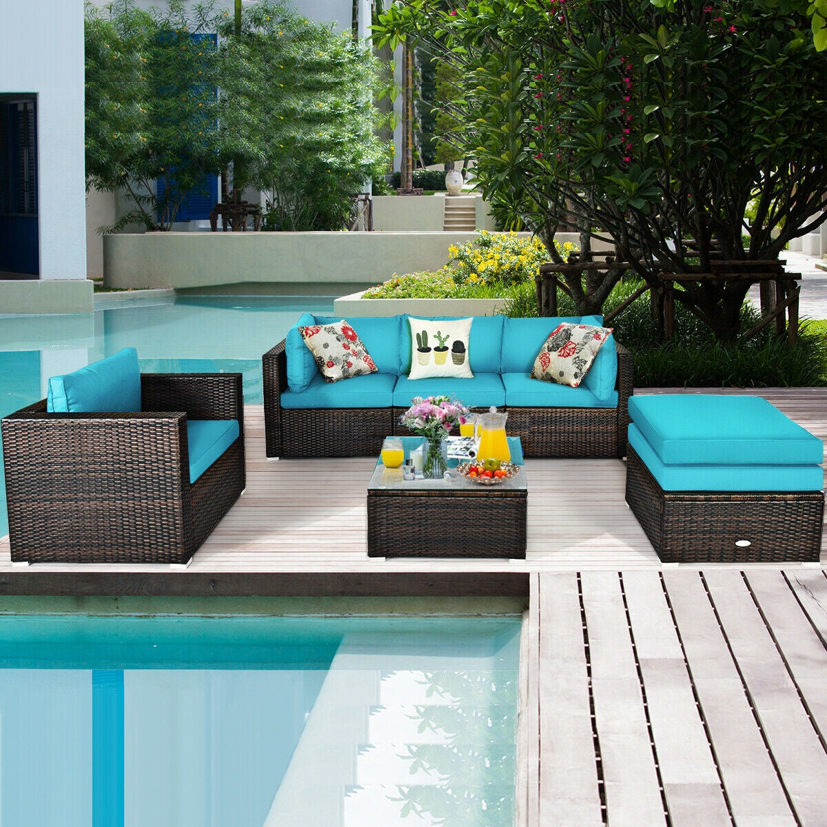 6 Pieces Patio Rattan Furniture Set with Sectional Cushion, Turquoise Outdoor Sectionals   at Gallery Canada