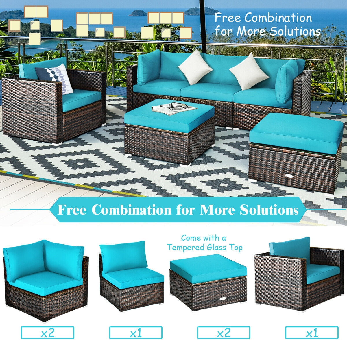 6 Pieces Patio Rattan Furniture Set with Sectional Cushion, Turquoise Outdoor Sectionals   at Gallery Canada