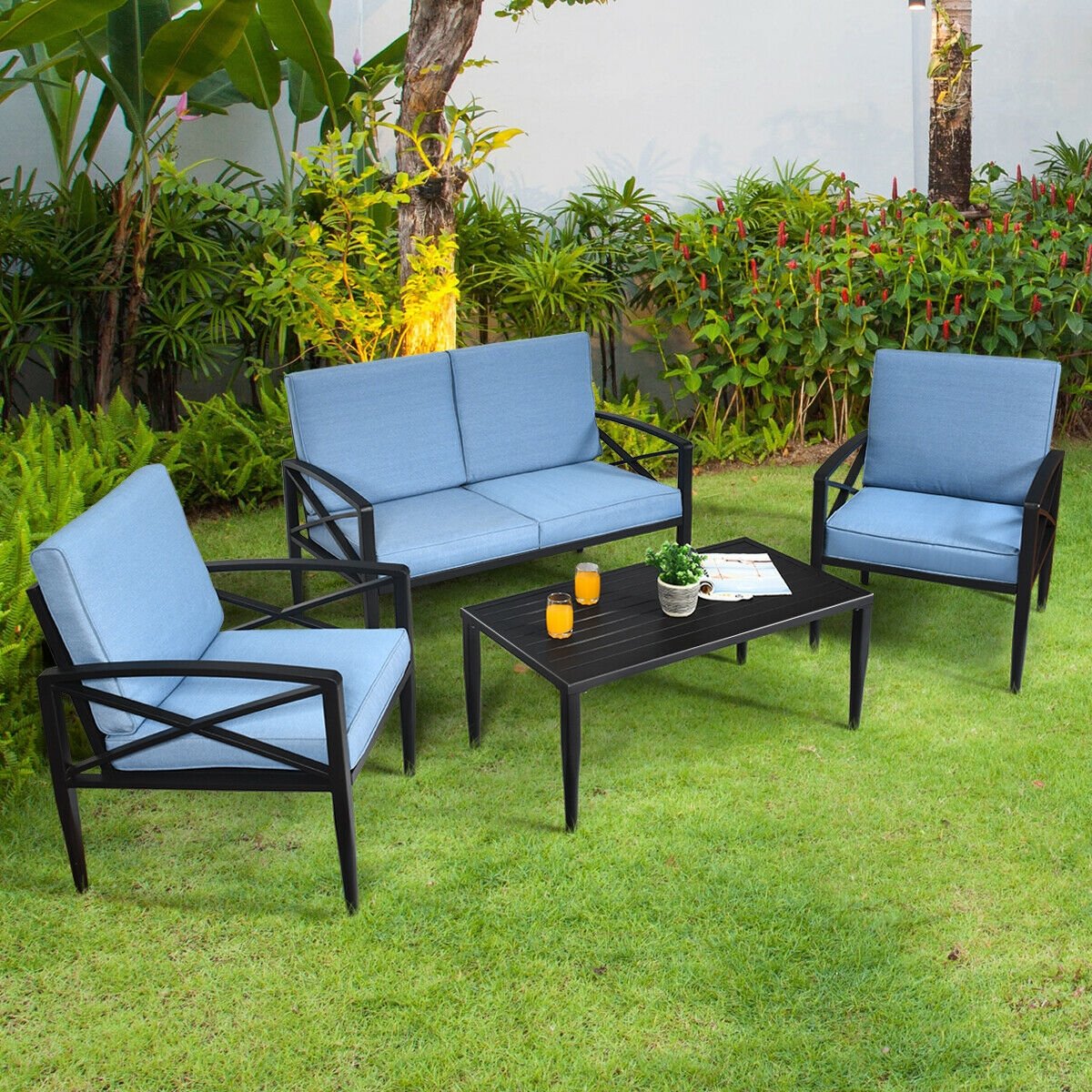 4 Pieces Patio Furniture Set Aluminum Frame Cushioned Sofa, Black Patio Conversation Sets   at Gallery Canada