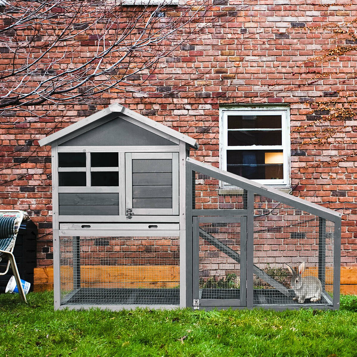 56.5 Inch Length Wooden Rabbit Hutch with Pull out Tray and Ramp Rabbit Hutches   at Gallery Canada