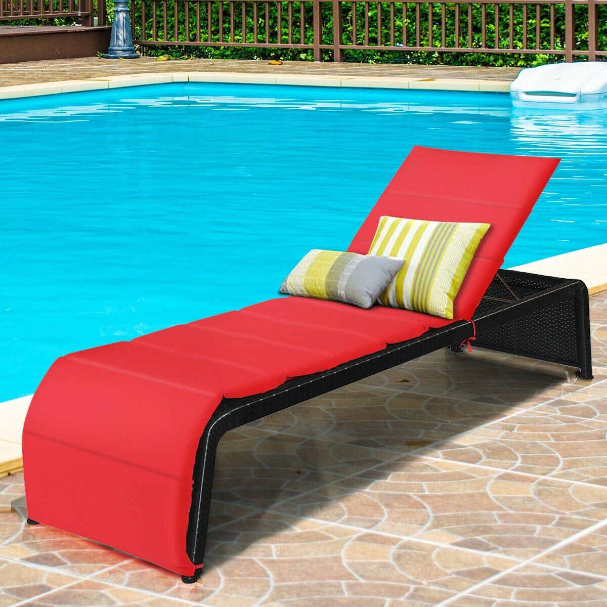 Adjustable Patio Rattan Lounge Chair with Cushions, Red Outdoor Chaise Lounges   at Gallery Canada