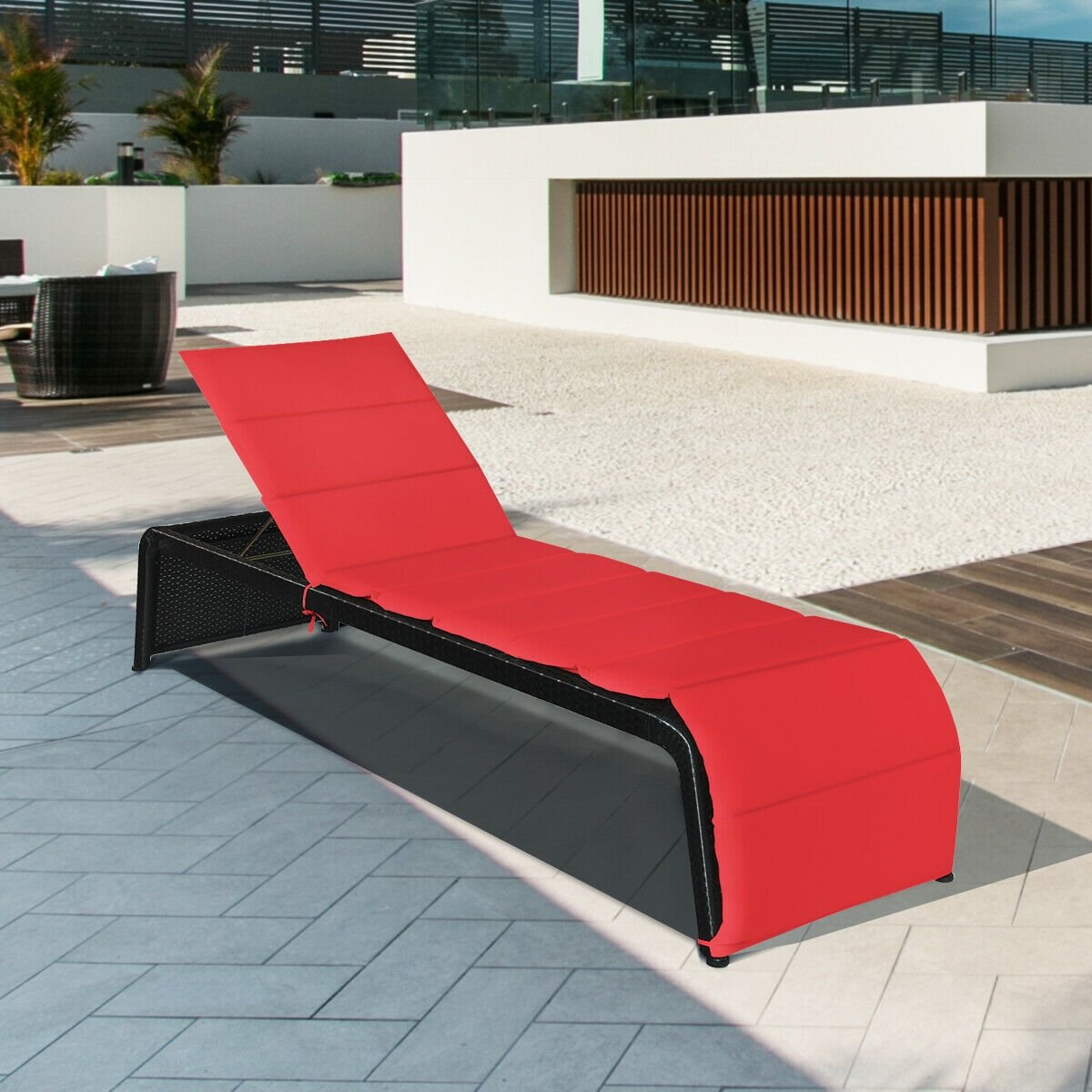 Adjustable Patio Rattan Lounge Chair with Cushions, Red Outdoor Chaise Lounges   at Gallery Canada