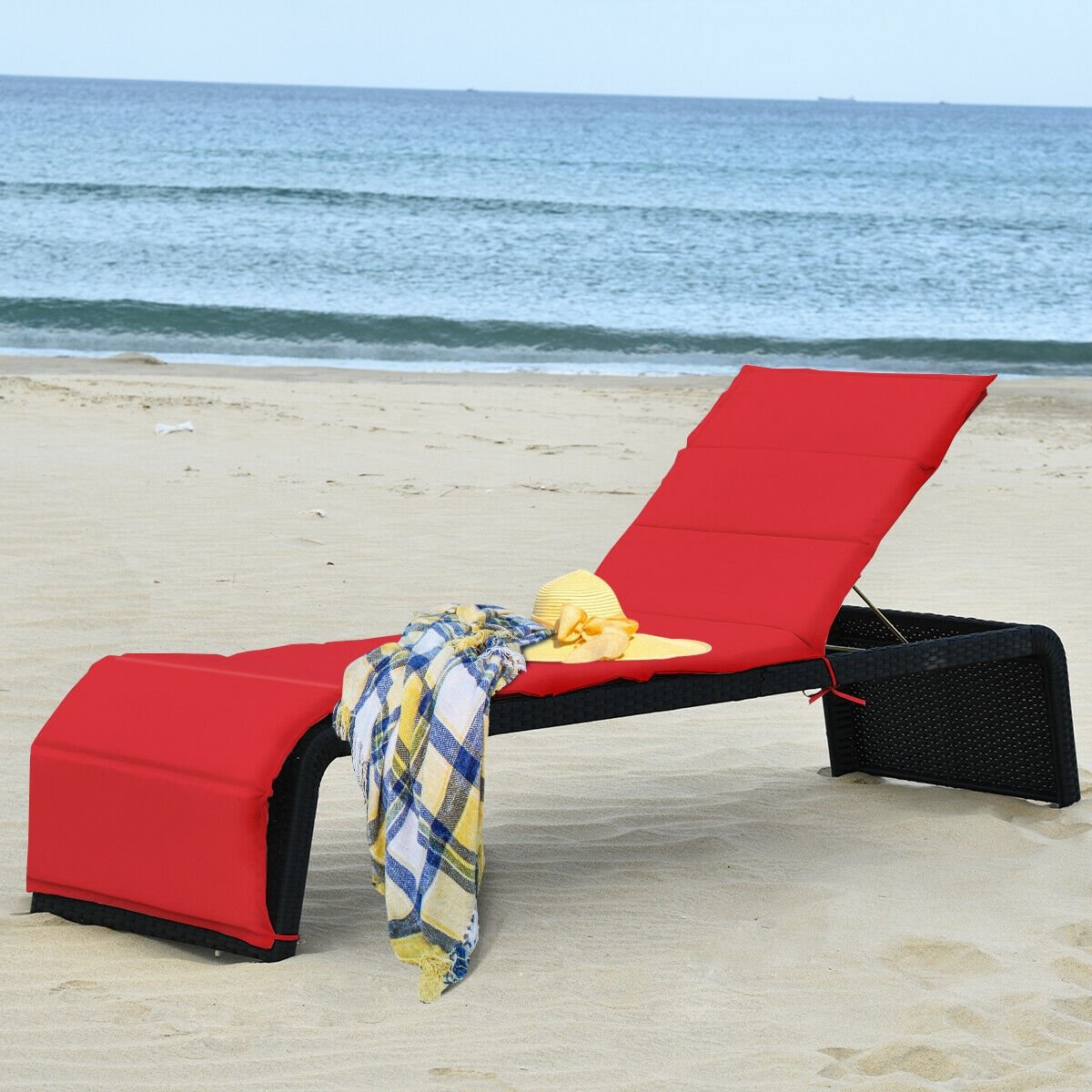 Adjustable Patio Rattan Lounge Chair with Cushions, Red Outdoor Chaise Lounges   at Gallery Canada