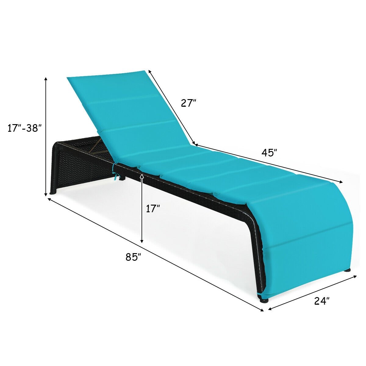 Adjustable Patio Rattan Lounge Chair with Cushions, Turquoise Outdoor Chaise Lounges   at Gallery Canada