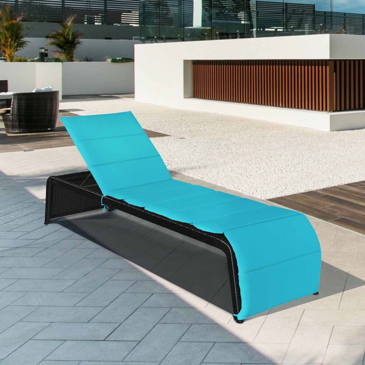 Adjustable Patio Rattan Lounge Chair with Cushions, Turquoise Outdoor Chaise Lounges   at Gallery Canada