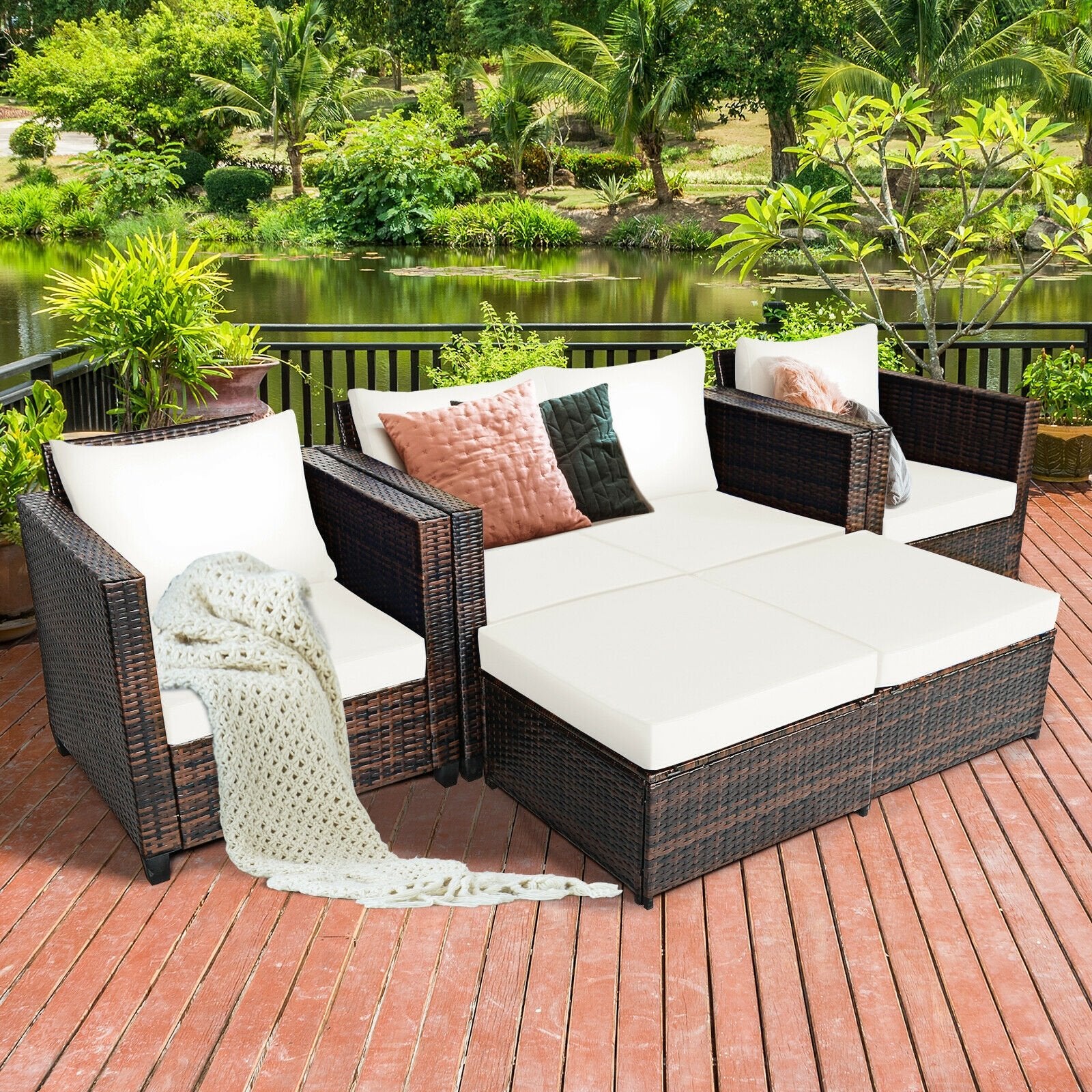 5 Pieces Patio Cushioned Rattan Furniture Set, White Outdoor Sectionals   at Gallery Canada