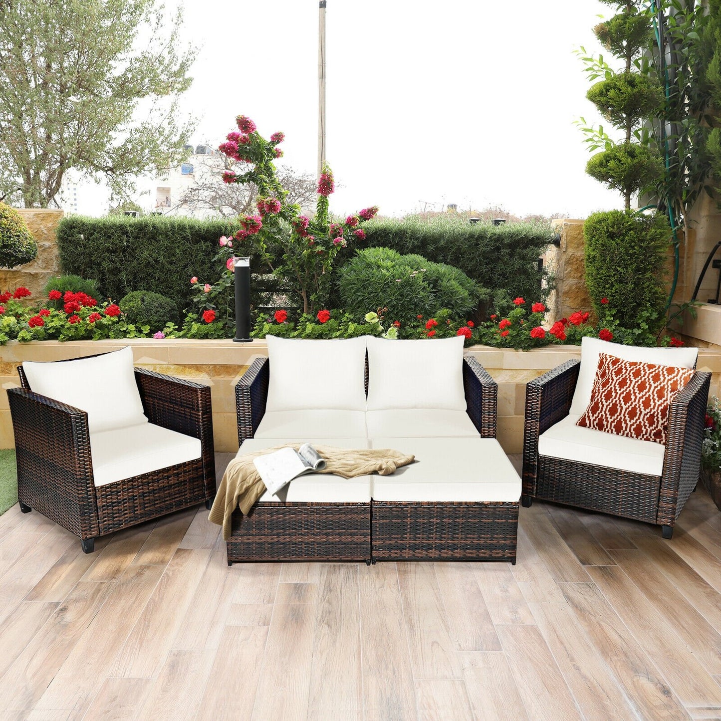 5 Pieces Patio Cushioned Rattan Furniture Set, White Outdoor Sectionals   at Gallery Canada