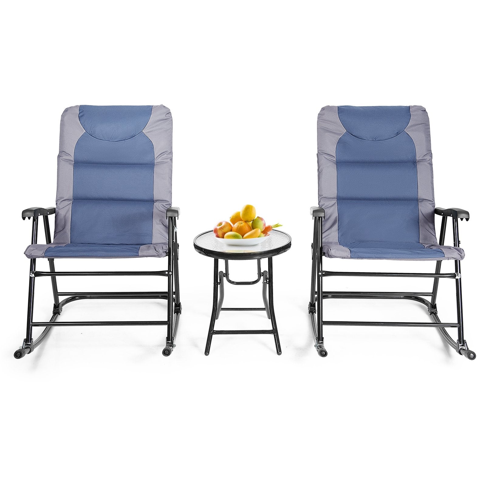 3 Pieces Outdoor Folding Rocking Chair Table Set with Cushion, Blue Patio Conversation Sets   at Gallery Canada