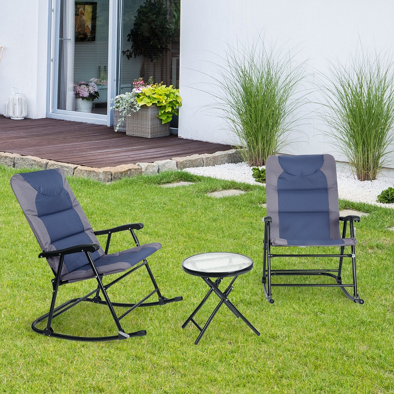 3 Pieces Outdoor Folding Rocking Chair Table Set with Cushion, Blue Patio Conversation Sets   at Gallery Canada