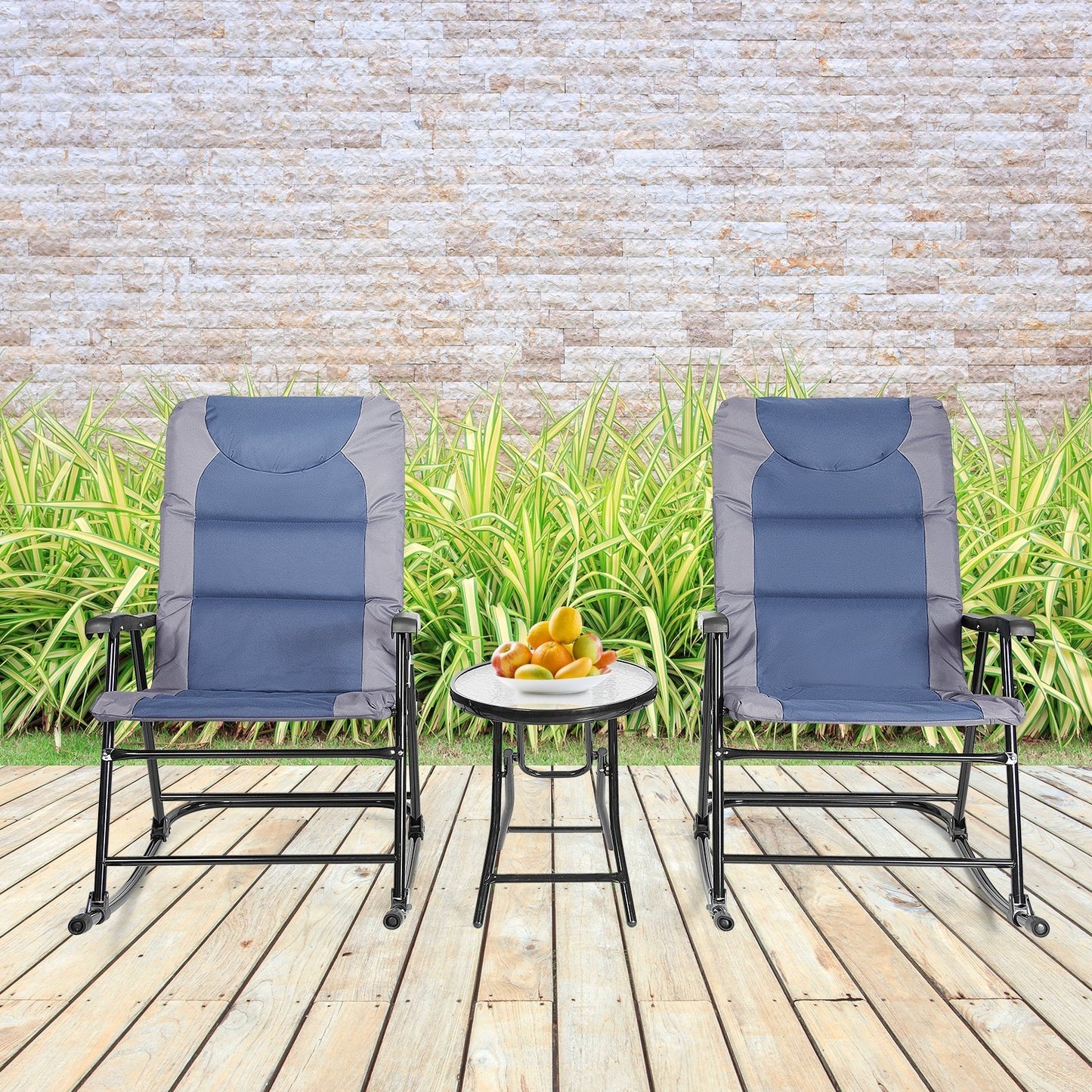 3 Pieces Outdoor Folding Rocking Chair Table Set with Cushion, Blue Patio Conversation Sets   at Gallery Canada