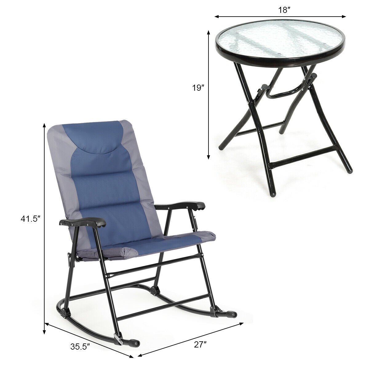 3 Pieces Outdoor Folding Rocking Chair Table Set with Cushion, Blue Patio Conversation Sets   at Gallery Canada