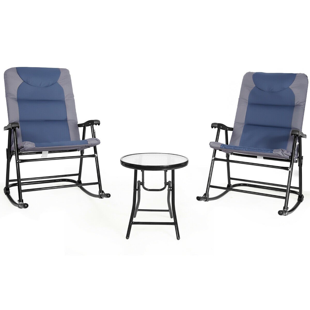 3 Pieces Outdoor Folding Rocking Chair Table Set with Cushion, Blue Patio Conversation Sets   at Gallery Canada