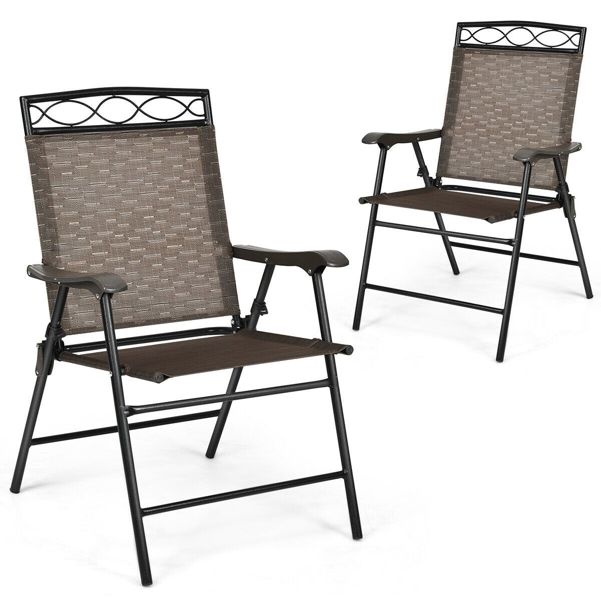 Set of 2 Patio Folding Chairs Sling Portable Dining Chair Set with Armrest, Brown Patio Dining Chairs   at Gallery Canada