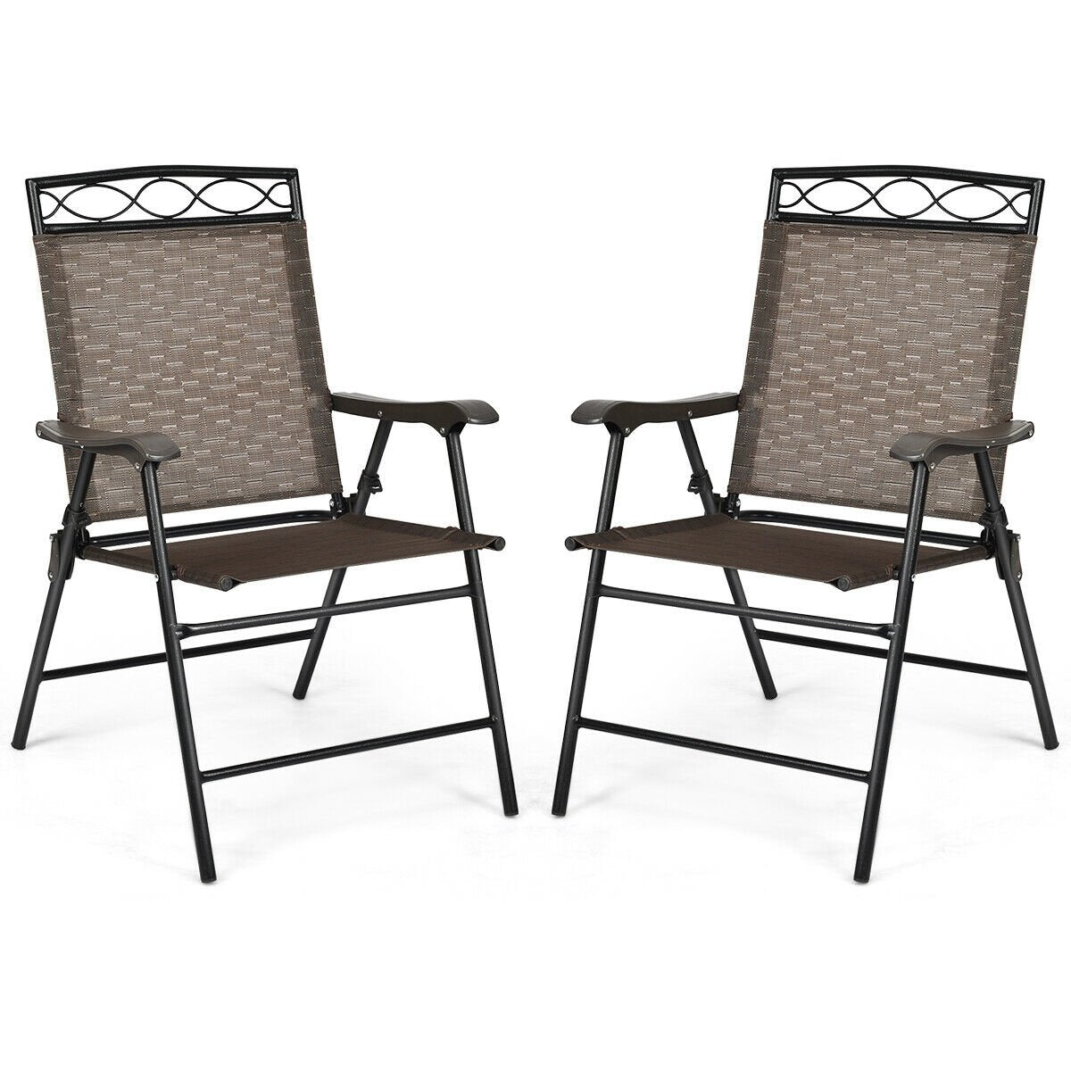 Set of 2 Patio Folding Chairs Sling Portable Dining Chair Set with Armrest, Brown Patio Dining Chairs   at Gallery Canada