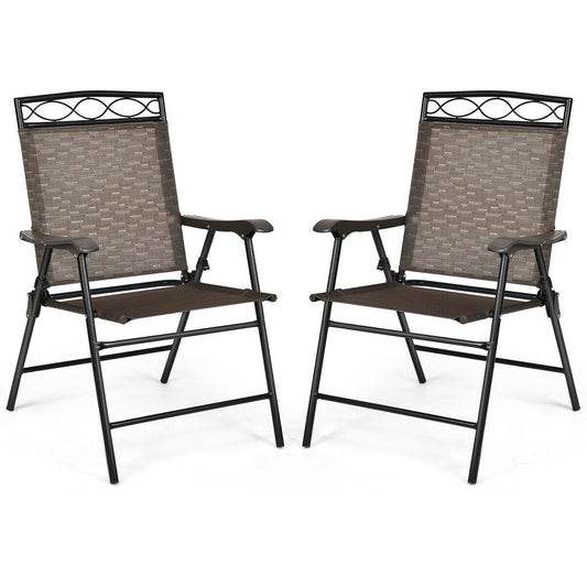 Set of 2 Patio Folding Chairs Sling Portable Dining Chair Set with Armrest, Brown Patio Dining Chairs   at Gallery Canada