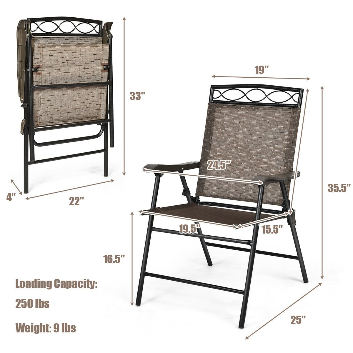 Set of 2 Patio Folding Chairs Sling Portable Dining Chair Set with Armrest, Brown Patio Dining Chairs   at Gallery Canada