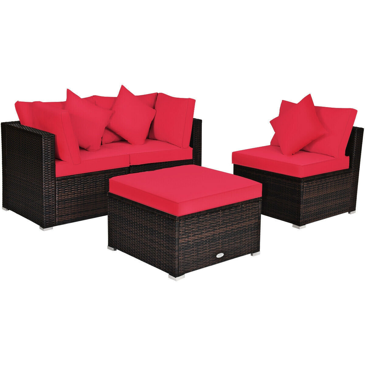 4 Pcs Ottoman Garden Deck Patio Rattan Wicker Furniture Set Cushioned Sofa, Red Outdoor Sectionals   at Gallery Canada