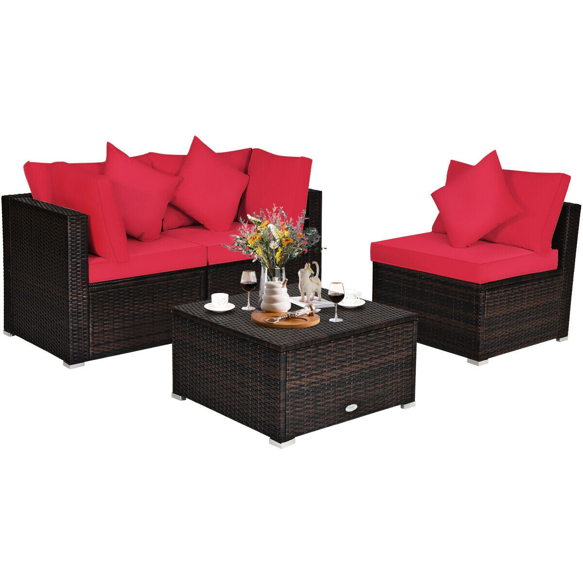 4 Pcs Ottoman Garden Deck Patio Rattan Wicker Furniture Set Cushioned Sofa, Red Outdoor Sectionals   at Gallery Canada