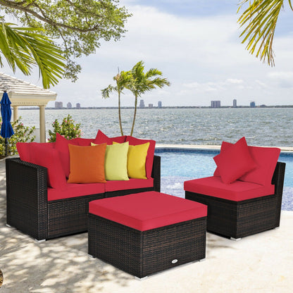 4 Pcs Ottoman Garden Deck Patio Rattan Wicker Furniture Set Cushioned Sofa, Red Outdoor Sectionals   at Gallery Canada