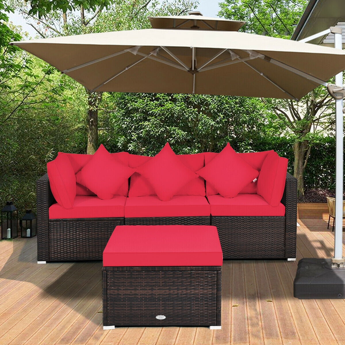 4 Pcs Ottoman Garden Deck Patio Rattan Wicker Furniture Set Cushioned Sofa, Red Outdoor Sectionals   at Gallery Canada