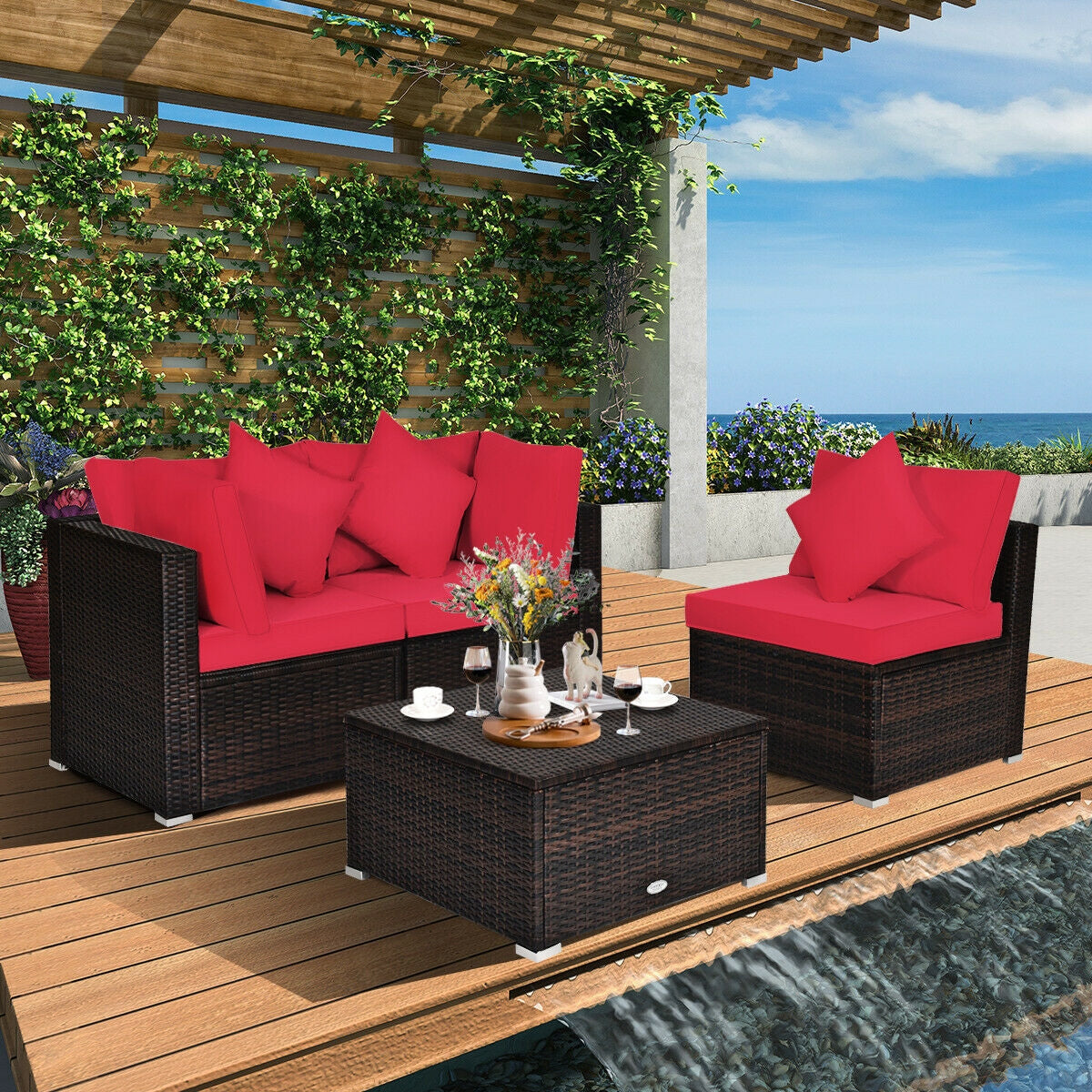 4 Pcs Ottoman Garden Deck Patio Rattan Wicker Furniture Set Cushioned Sofa, Red Outdoor Sectionals   at Gallery Canada