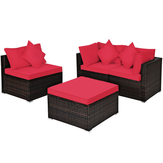 4 Pcs Ottoman Garden Deck Patio Rattan Wicker Furniture Set Cushioned Sofa, Red - Gallery Canada
