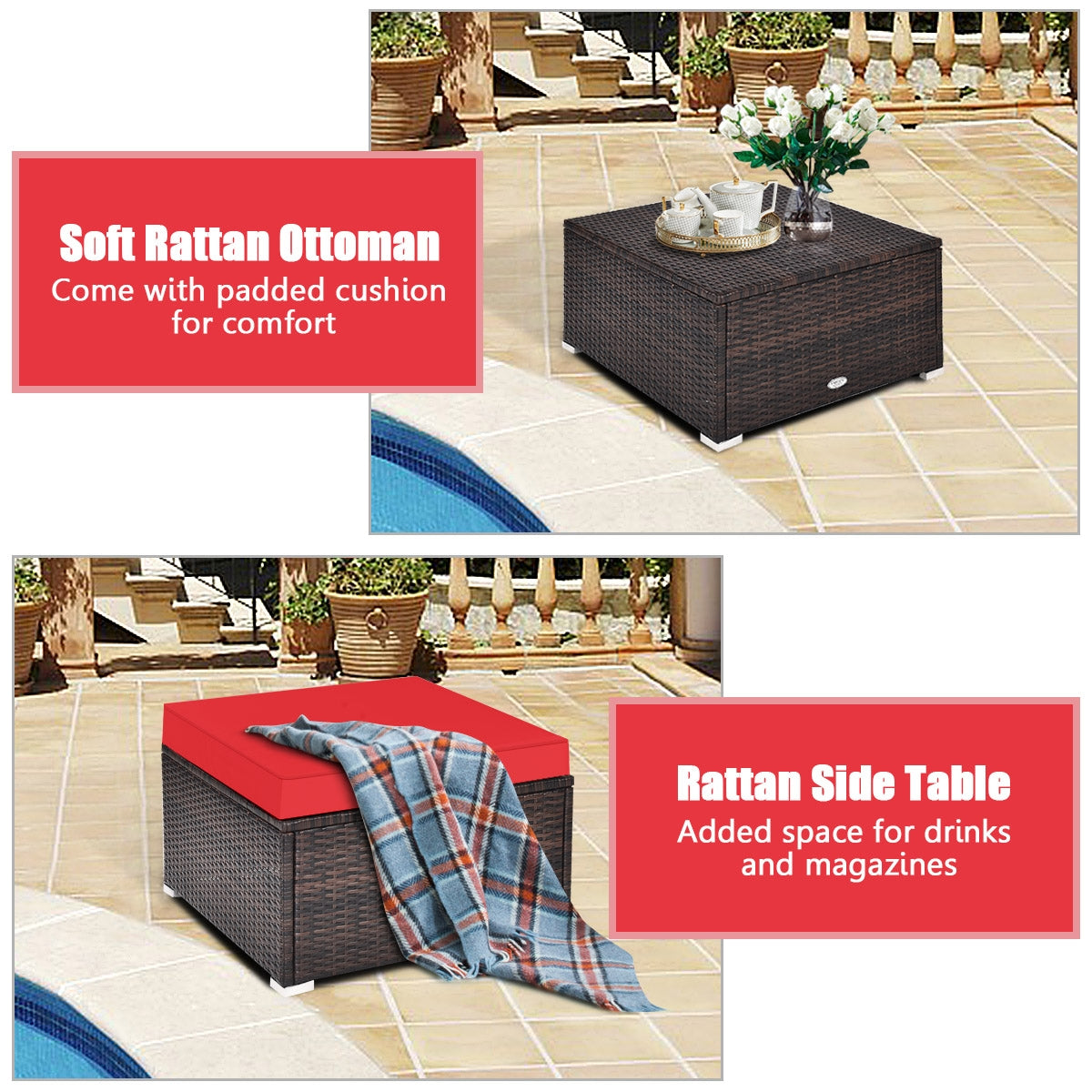 4 Pcs Ottoman Garden Deck Patio Rattan Wicker Furniture Set Cushioned Sofa, Red Outdoor Sectionals   at Gallery Canada